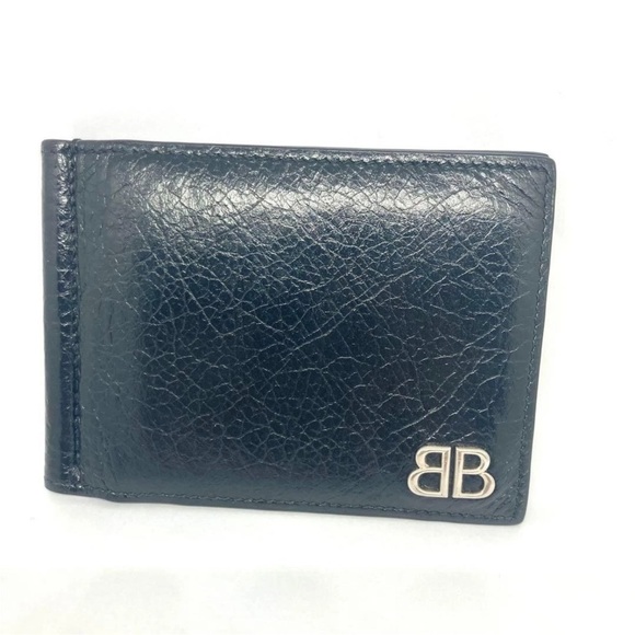 Balenciaga Navy Leather Card Holder with Silver Logo
